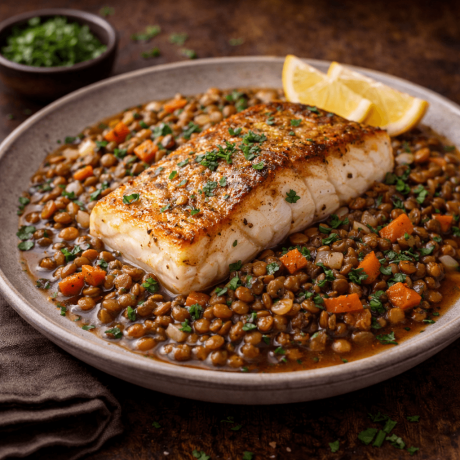 seared fish on lentils
