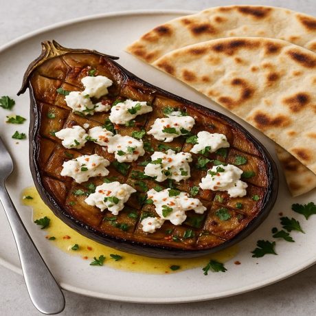 Roast aubergine with goat’s cheese & toasted flatbread