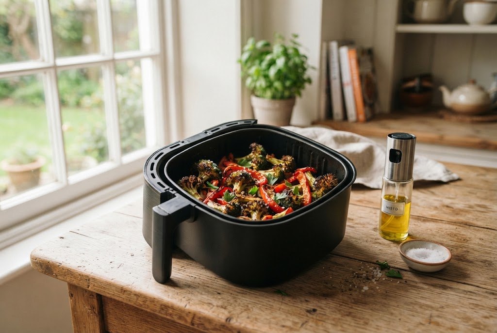 Air fried broccoli and peppers with a glass olive oil sprayer