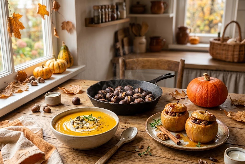 Pumpkin soup, roasted chestnuts and baked apples on an autumn table