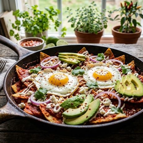 Chilaquiles Rojos – Mexican Breakfast with Red Salsa and Fried Eggs