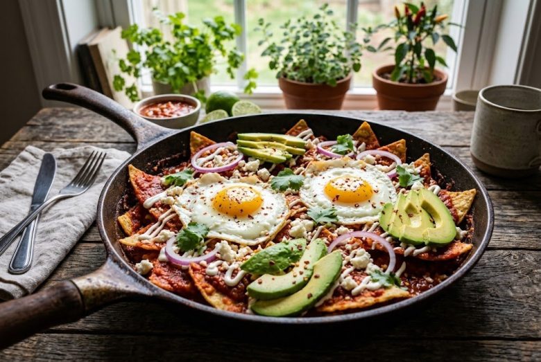 Chilaquiles Rojos – Mexican Breakfast with Red Salsa and Fried Eggs
