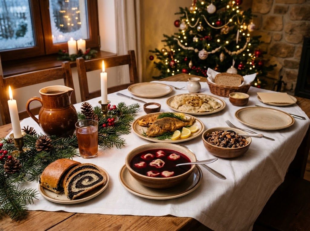 Polish and Ukrainian Christmas Eve table with barszcz, pierogi, kutia and poppy seed roll
