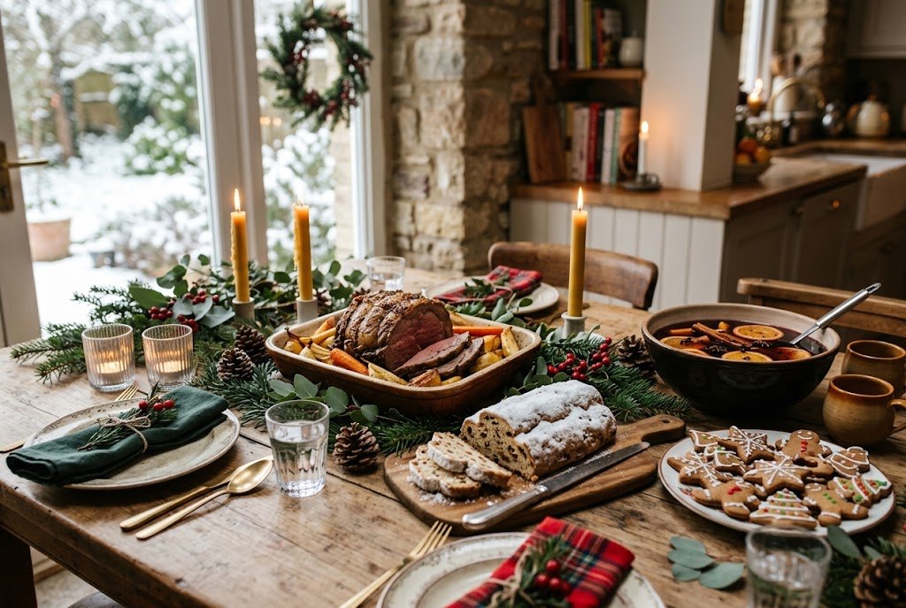 Homemade Christmas table with roast, stollen, gingerbread and mulled wine