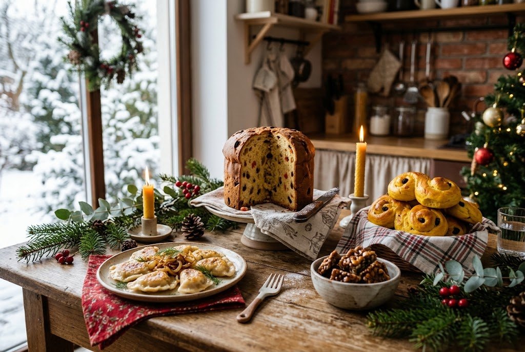 Panettone, pierogi, saffron buns and Georgian gozinaki on a Christmas table