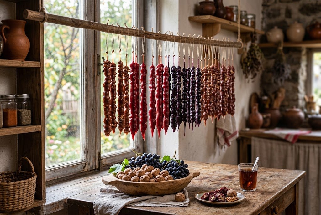 Homemade Georgian churchkhela hanging to dry by a kitchen window
