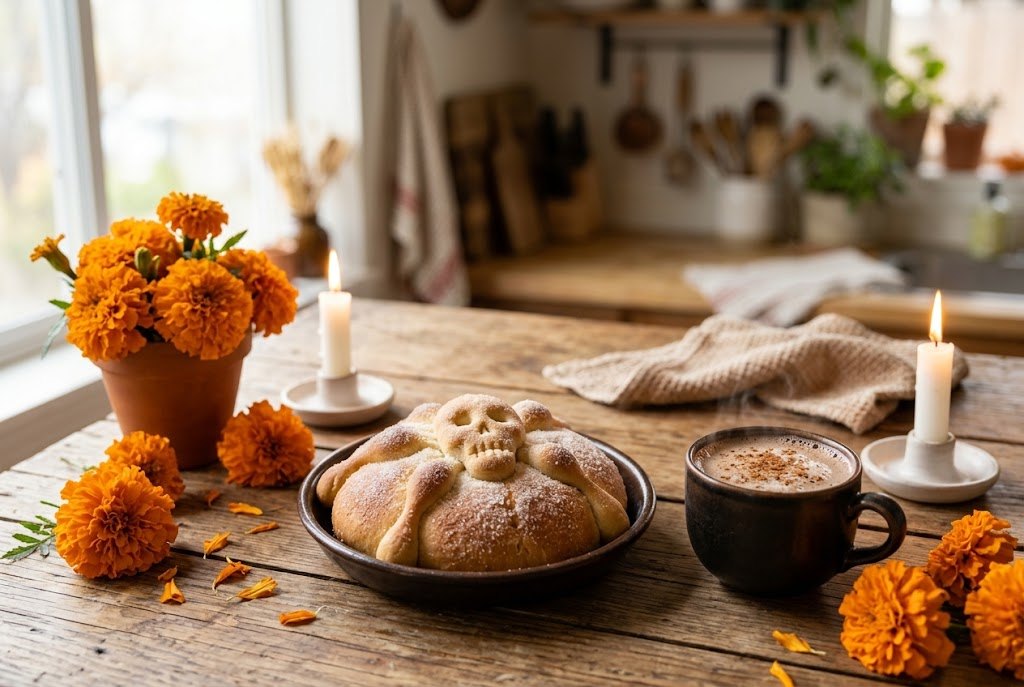 Pan de muerto, hot chocolate, marigolds and candles for Day of the Dead