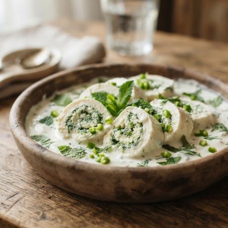 Gebzhalia – Megrelian Cheese Rolls with Mint in Matsoni Sauce