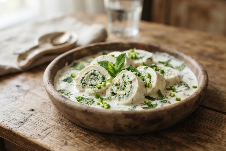 Gebzhalia – Megrelian Cheese Rolls with Mint in Matsoni Sauce