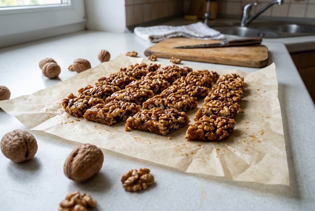 Georgian gozinaki honey walnut candy on parchment paper