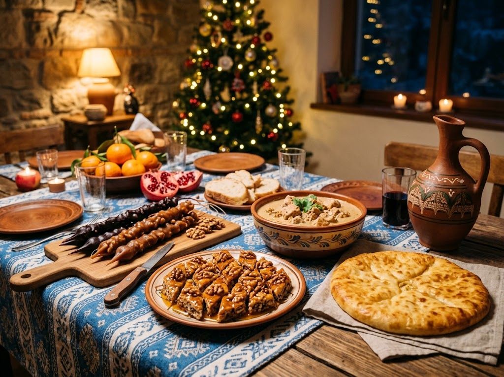 Georgian New Year table with gozinaki, churchkhela, satsivi and khachapuri