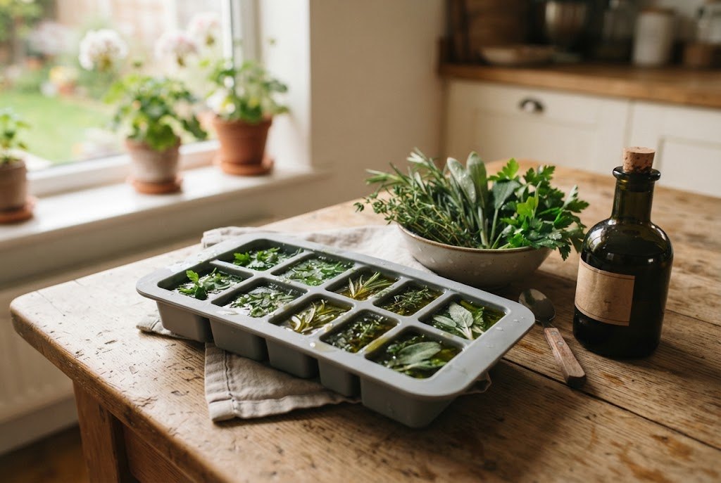 Chopped fresh herbs frozen in olive oil in an ice cube tray