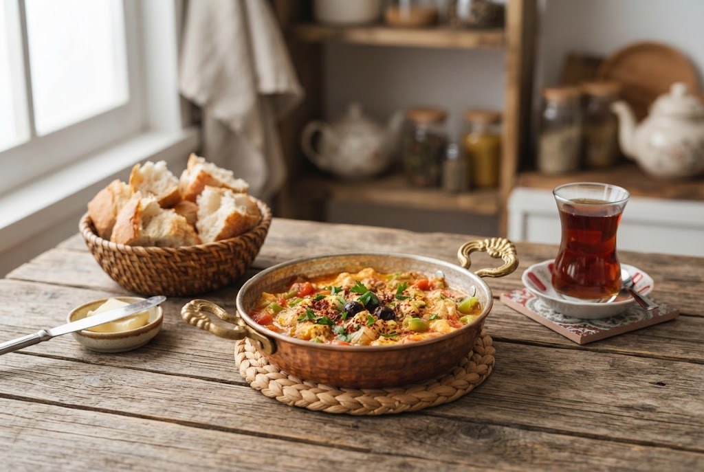 Turkish menemen eggs with tomatoes and peppers in a copper pan