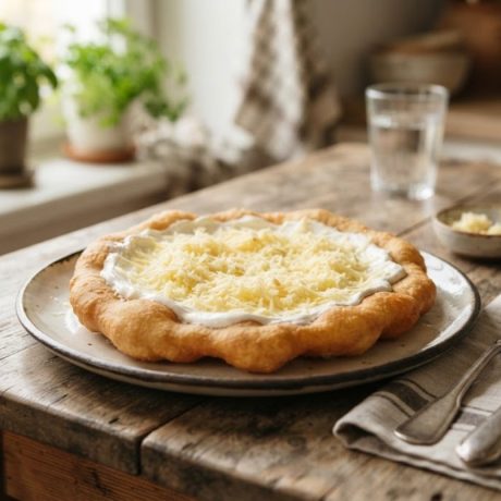 Lángos – Hungarian Fried Bread with Garlic, Sour Cream and Cheese