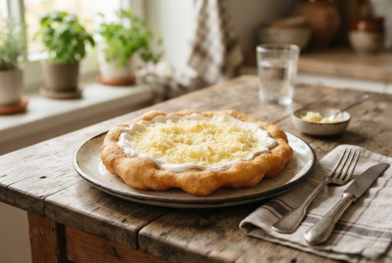 Lángos – Hungarian Fried Bread with Garlic, Sour Cream and Cheese