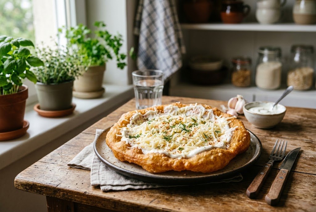 Homemade Hungarian langos with sour cream and grated cheese