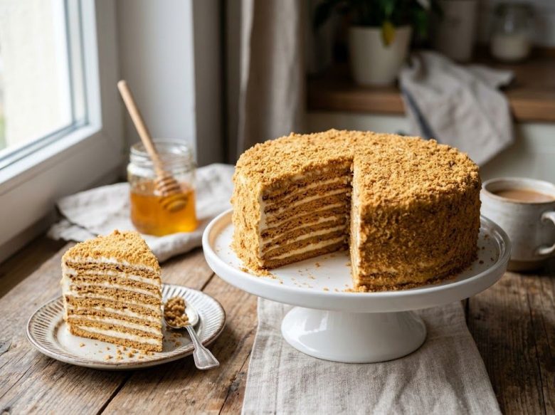Medovik – Russian Honey Cake with Sour Cream Frosting