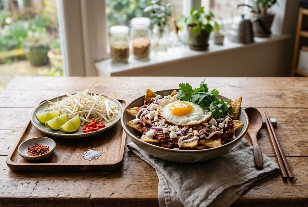 Homemade Mexican red chilaquiles with fried egg, cheese and crema