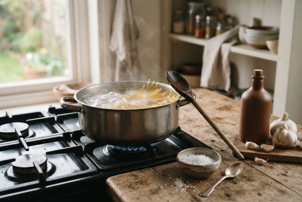 Pot of boiling pasta water with spaghetti and coarse salt