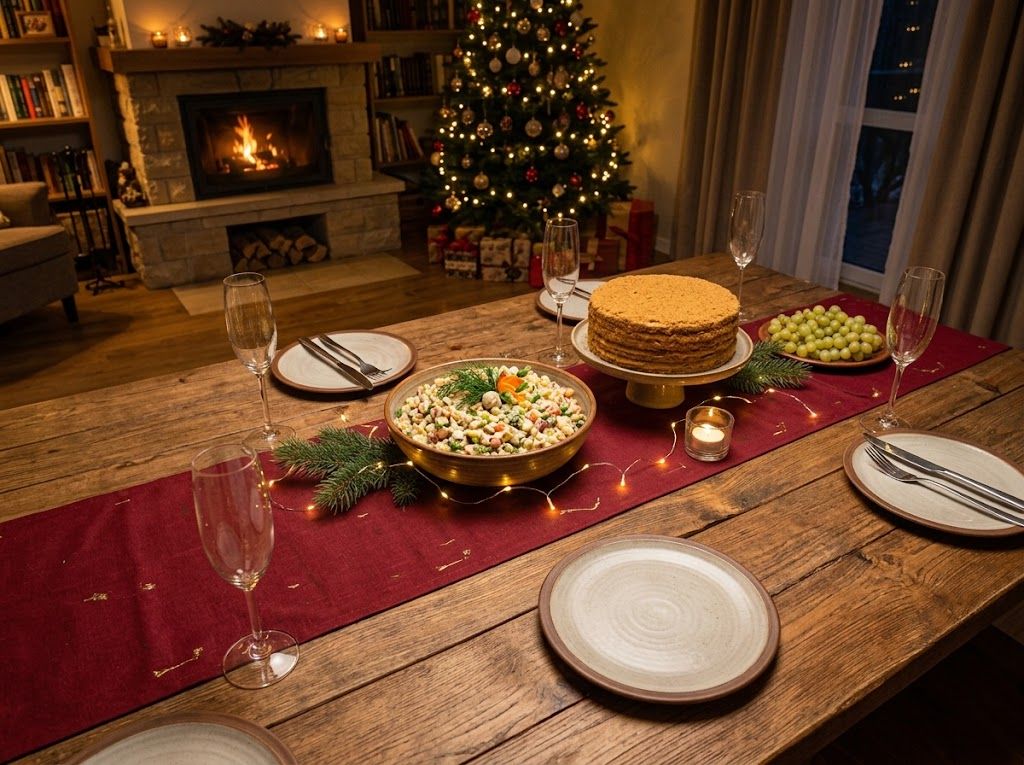 Homemade New Year's Eve table with Olivier salad, honey cake and grapes