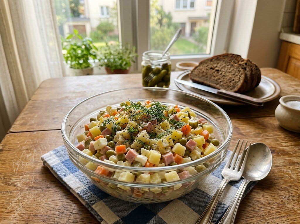 Homemade Olivier salad in a glass bowl with dill