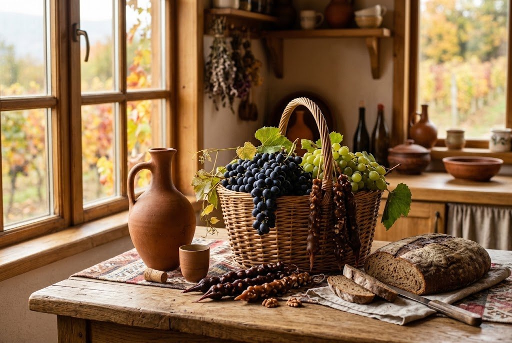 Georgian grape harvest at home: basket of grapes, clay wine jug, churchkhela and bread