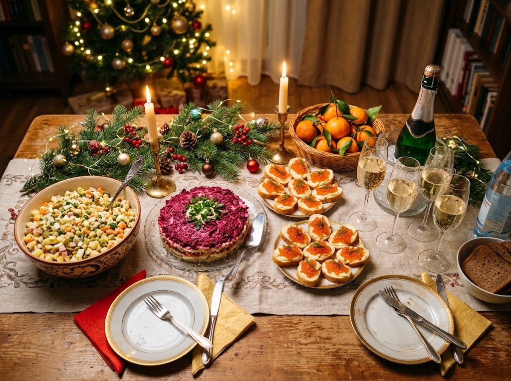 Russian New Year table with Olivier salad, shuba, red caviar sandwiches and mandarins