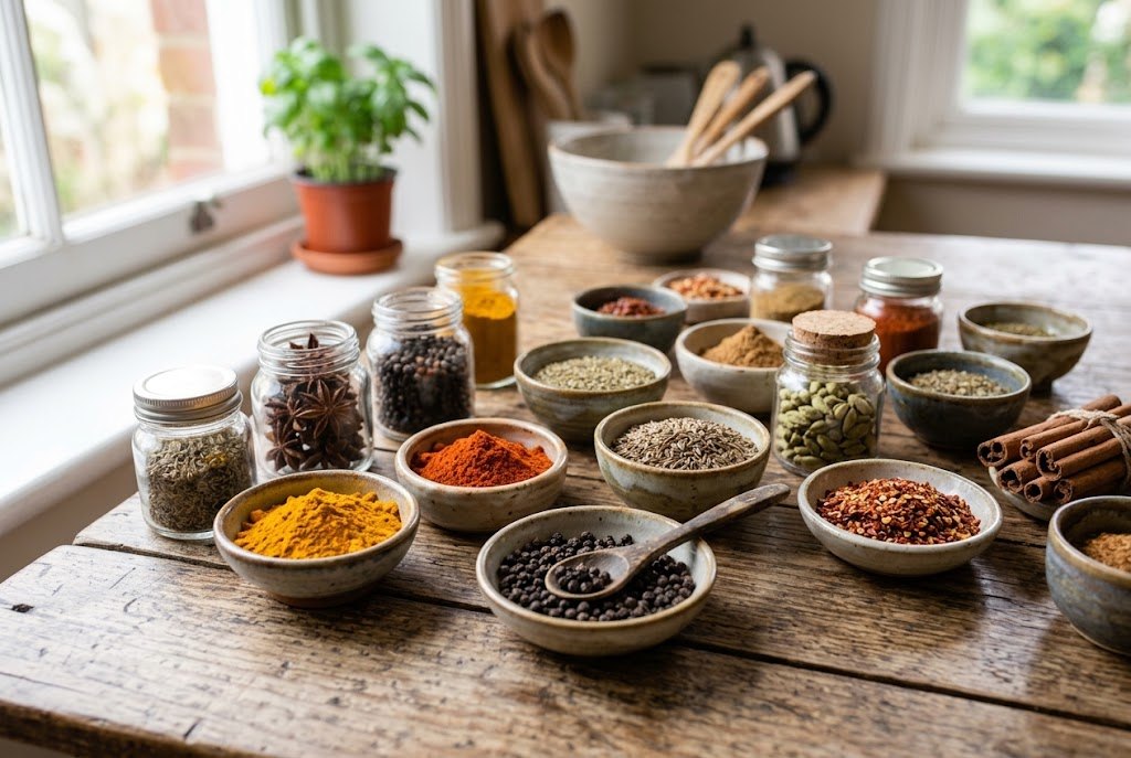 Bowls and jars of whole and ground spices on a kitchen table
