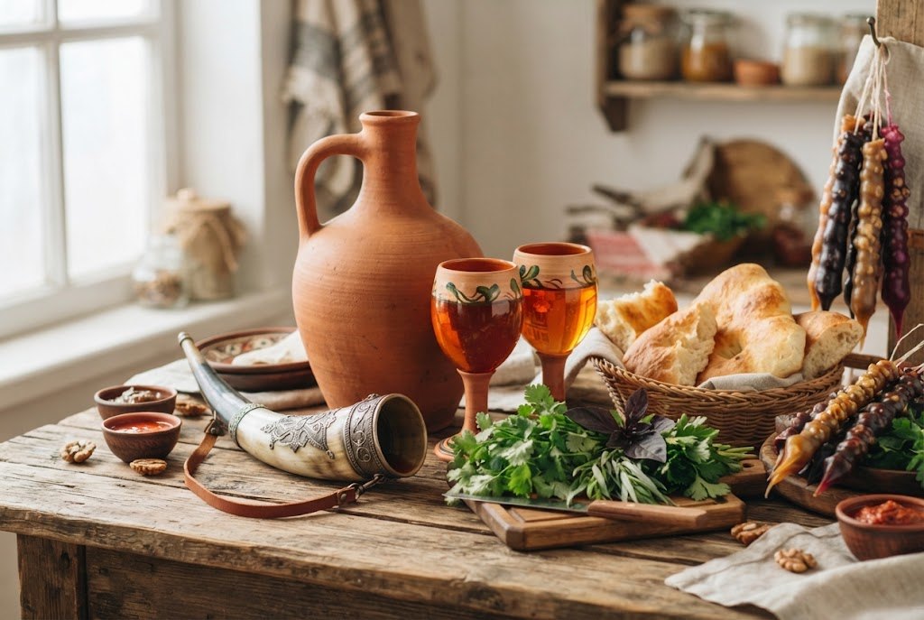 Georgian qvevri wine, drinking horn and churchkhela on a feast table