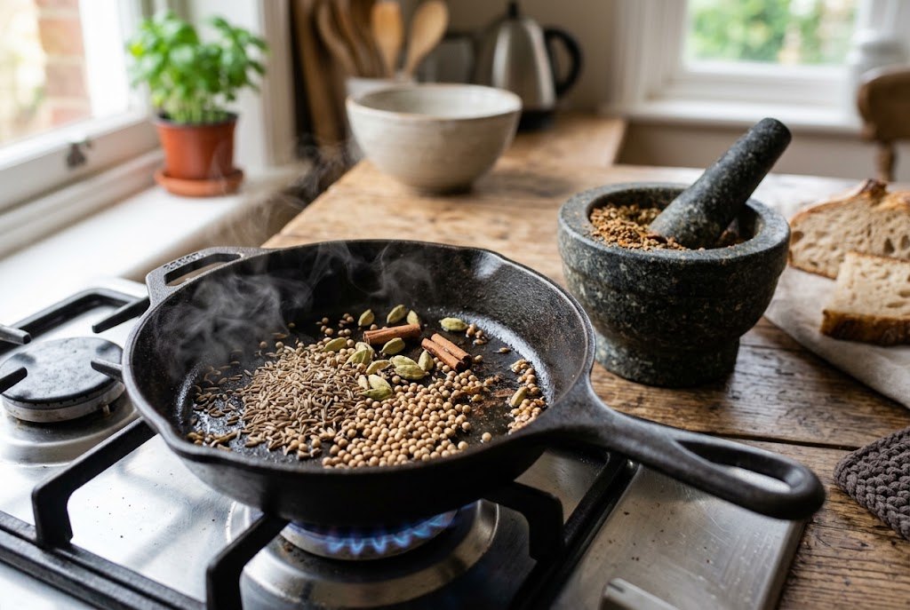 Toasting whole spices in a cast-iron pan with a mortar and pestle