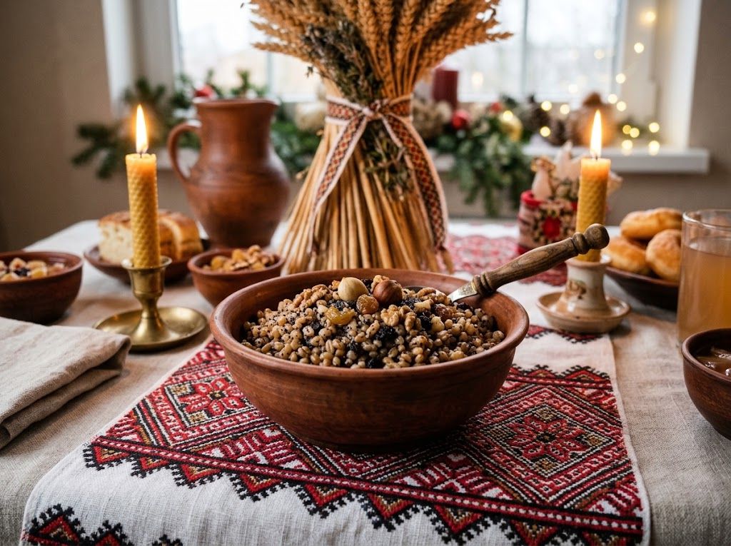 Ukrainian kutia with poppy seeds, honey and walnuts on a Christmas Eve table