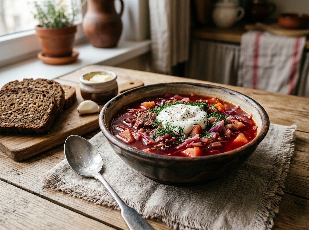 Bowl of Ukrainian red borscht with sour cream and dill