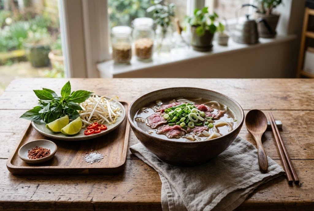 Homemade Vietnamese beef pho with fresh herbs, lime and chili