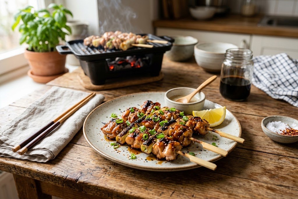 Homemade Japanese yakitori chicken skewers with tare glaze